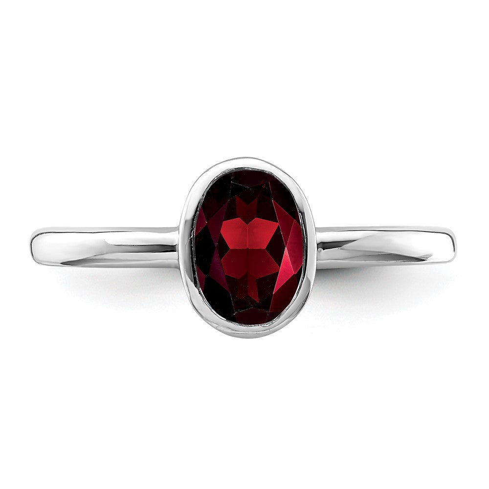 Sterling Silver Rhodium Plated Polished Garnet Oval Ring