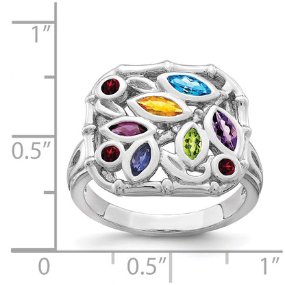 Sterling Silver Rhodium Plated Multi Gemstone Ring