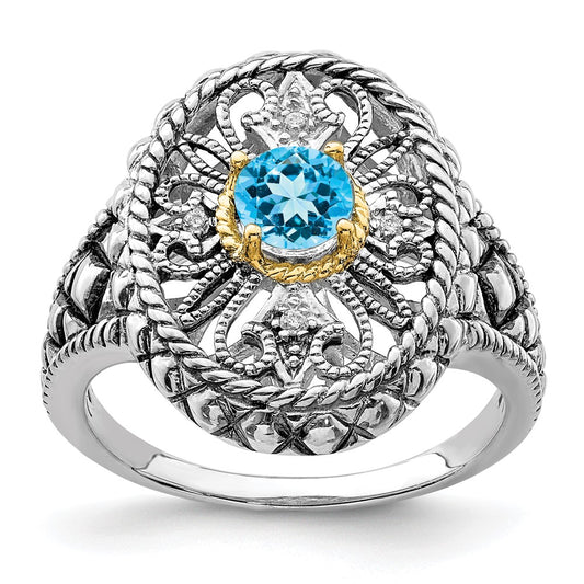 Silver/14K Two Tone Sterling Silver Rhodium 14K Accent Blue Topaz & Cz Oval Fancy Ring (Size 7 Only)