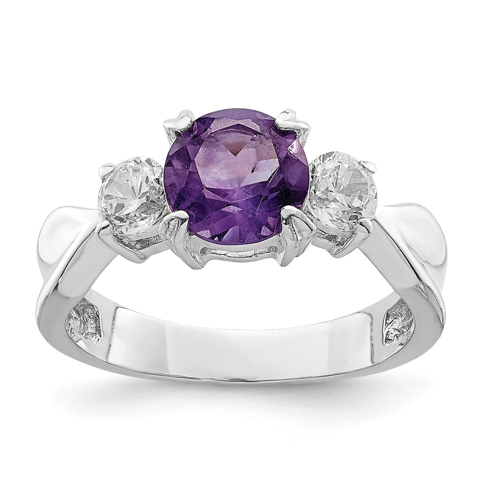 Sterling Silver Rhodium Plated Amethyst And Cz Ring (Size 7 Only)