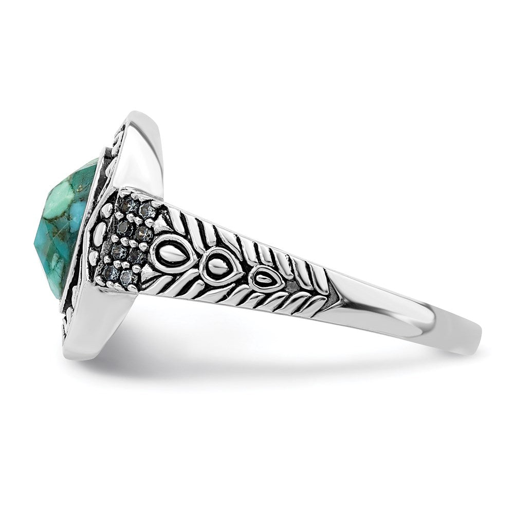 Sterling Silver Rhodium Plated Oxidized Faceted Recon. Turquoise Ring