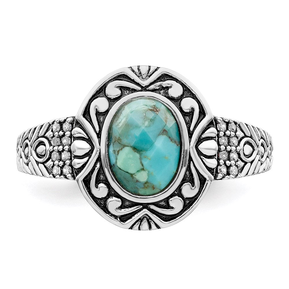 Sterling Silver Rhodium Plated Oxidized Faceted Recon. Turquoise Ring