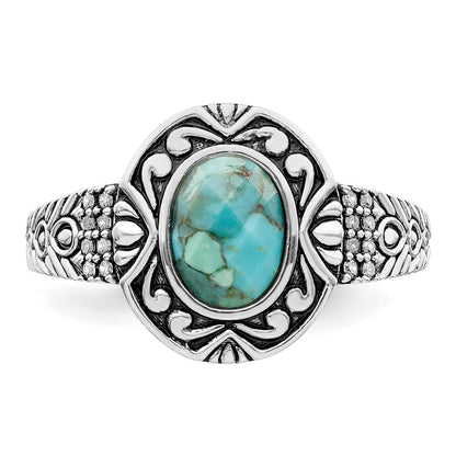 Sterling Silver Rhodium Plated Oxidized Faceted Recon. Turquoise Ring