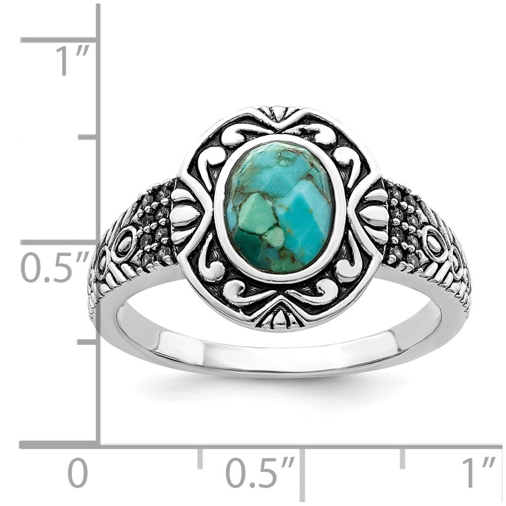 Sterling Silver Rhodium Plated Oxidized Faceted Recon. Turquoise Ring