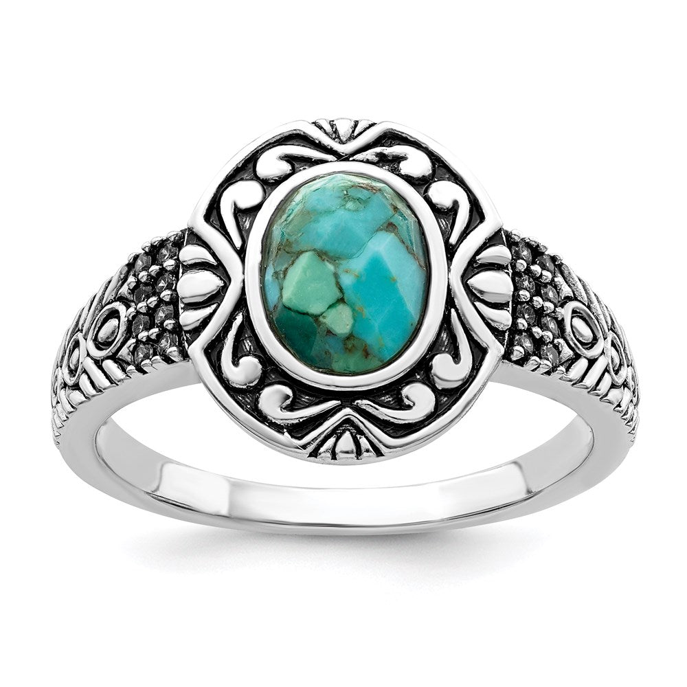Sterling Silver Rhodium Plated Oxidized Faceted Recon. Turquoise Ring