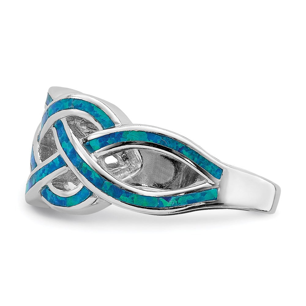 Sterling Silver Rhodium Plated Lab Created Blue Opal Inlay Celtic Knot Ring