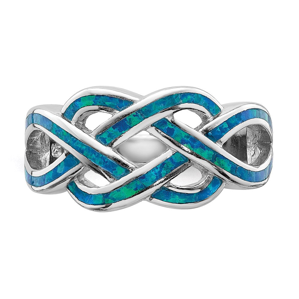 Sterling Silver Rhodium Plated Lab Created Blue Opal Inlay Celtic Knot Ring