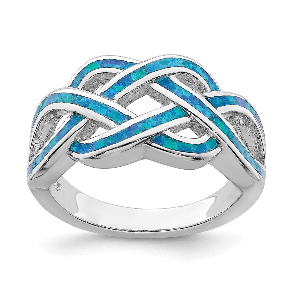Sterling Silver Rhodium Plated Lab Created Blue Opal Inlay Celtic Knot Ring