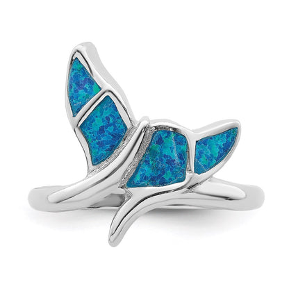 Sterling Silver Rhod Plated Blue Inlay Created Opal Whale Tail Ring (Size 6 Only)