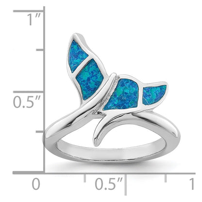 Sterling Silver Rhod Plated Blue Inlay Created Opal Whale Tail Ring (Size 6 Only)