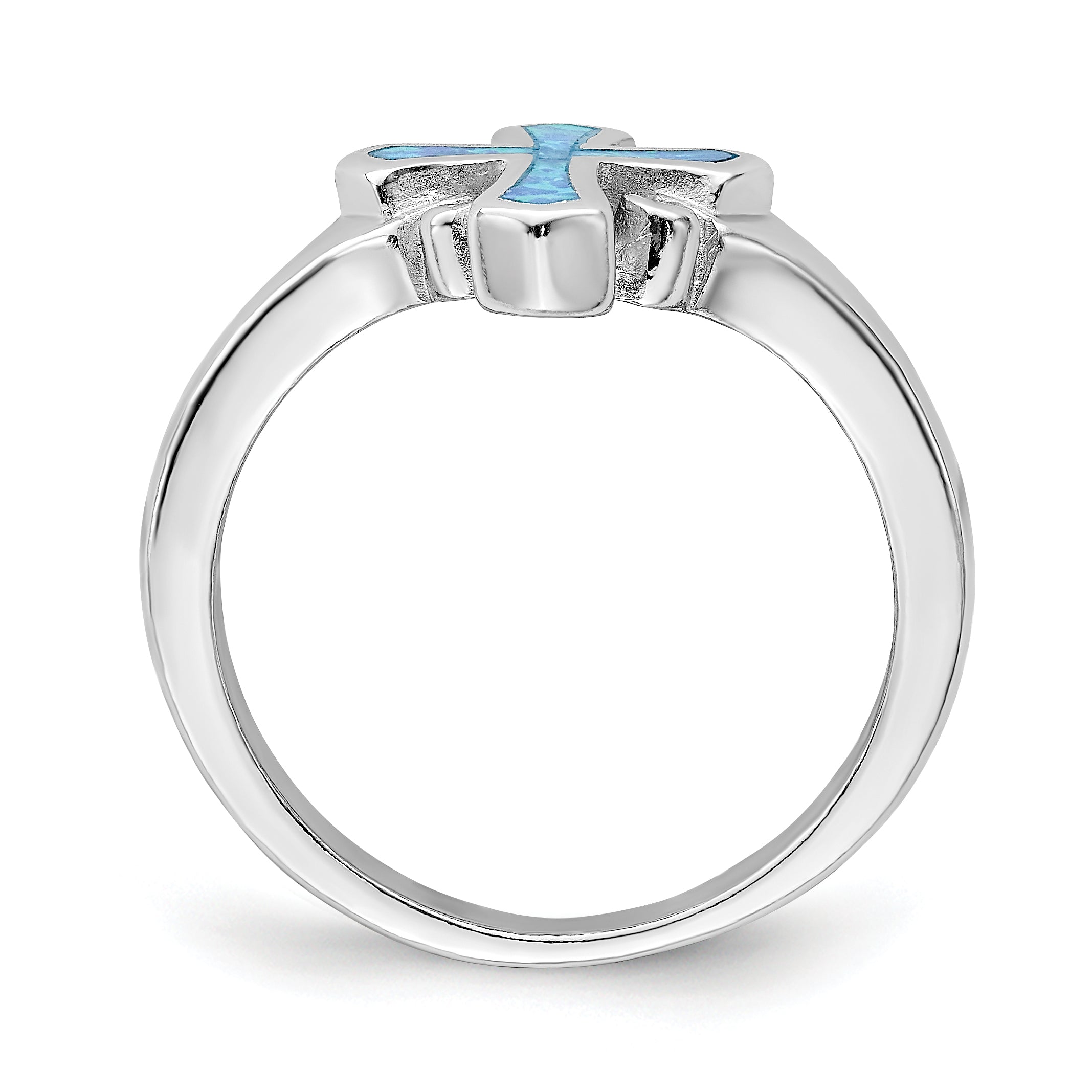 Sterling Silver Rhodium Plated Blue Inlay Created Opal Cross Ring
