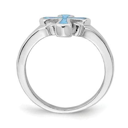 Sterling Silver Rhodium Plated Blue Inlay Created Opal Cross Ring