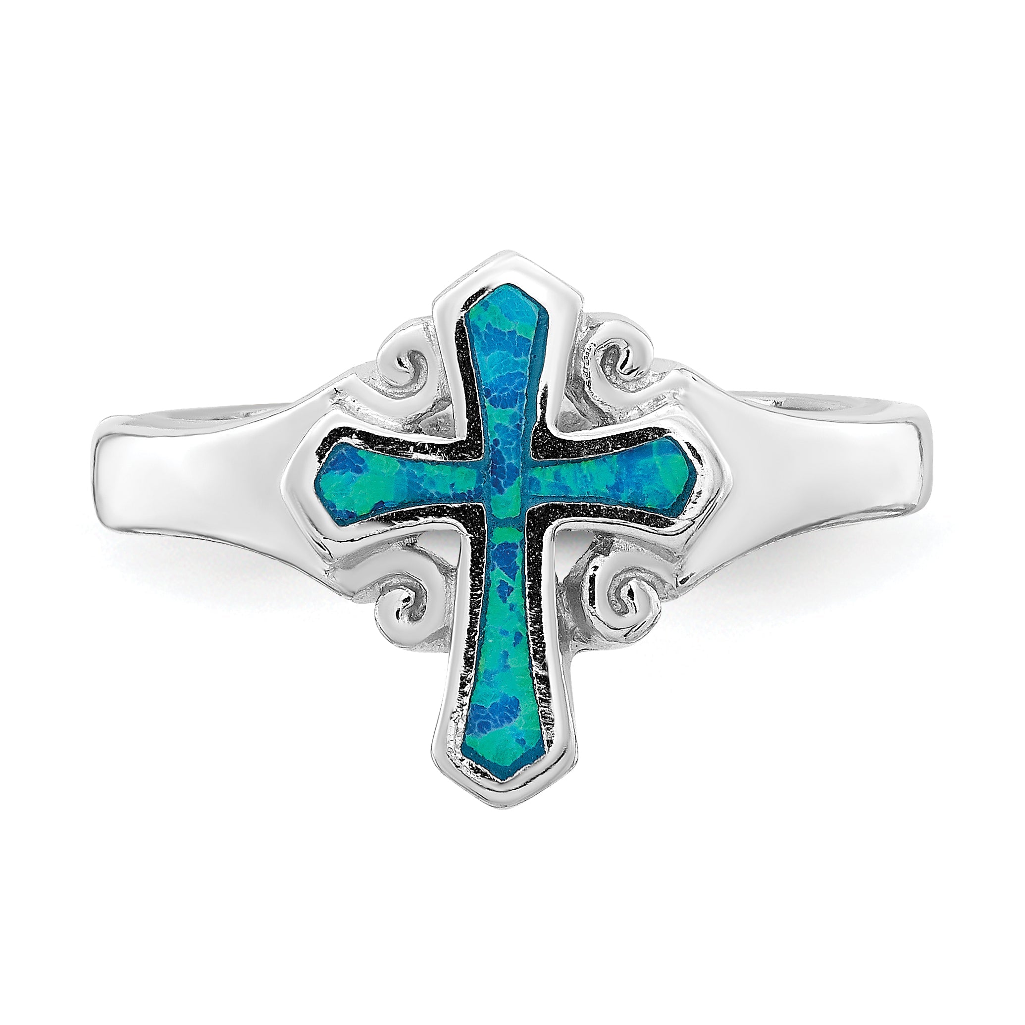 Sterling Silver Rhodium Plated Blue Inlay Created Opal Cross Ring