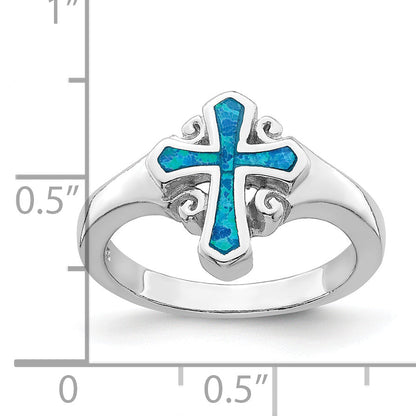 Sterling Silver Rhodium Plated Blue Inlay Created Opal Cross Ring