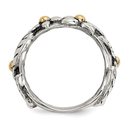 Silver/14K Two Tone Sterling Silver 14K Antiqued Leaves & Flowers Band