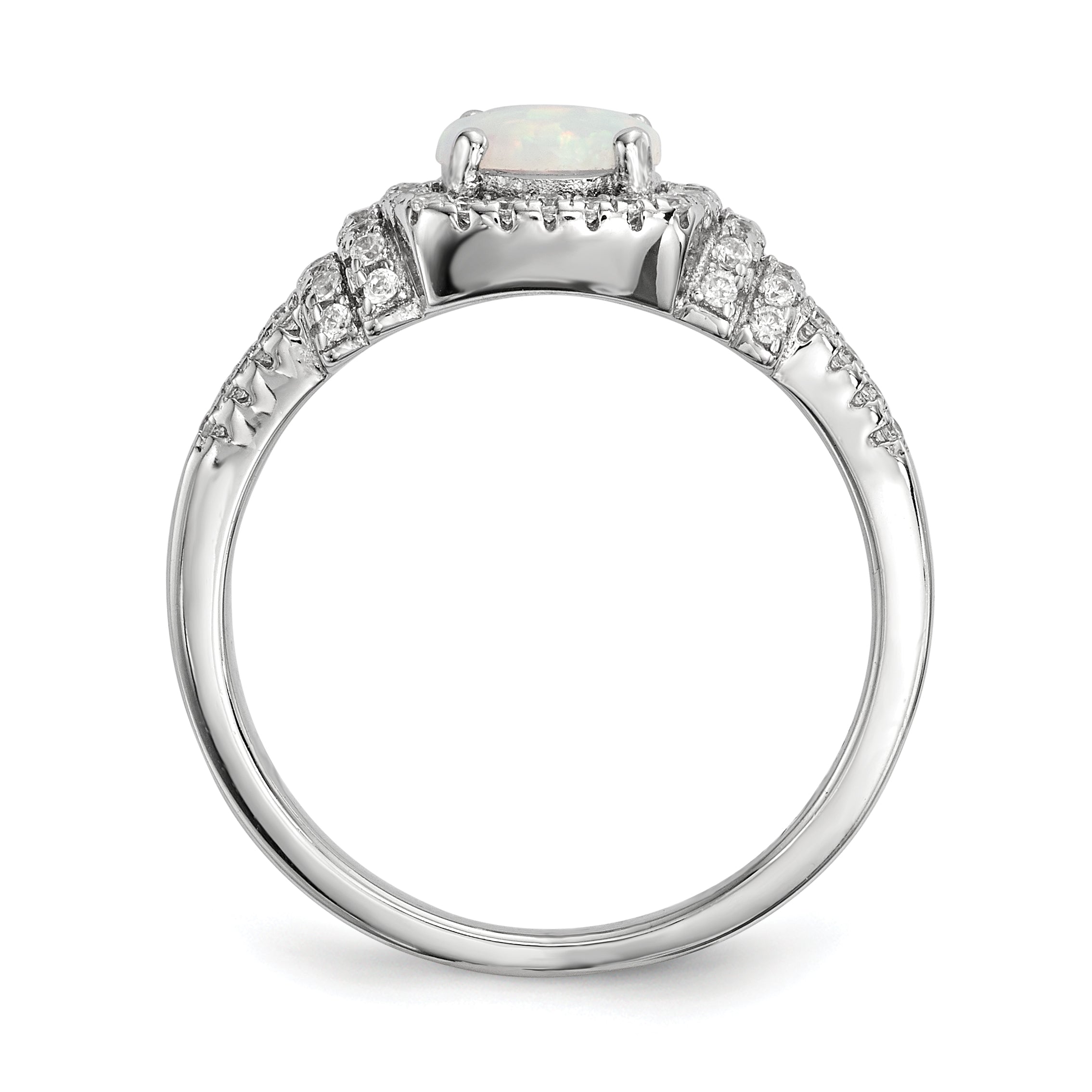 Sterling Silver Rhodium Plated Cz And Lab Created White Opal Ring