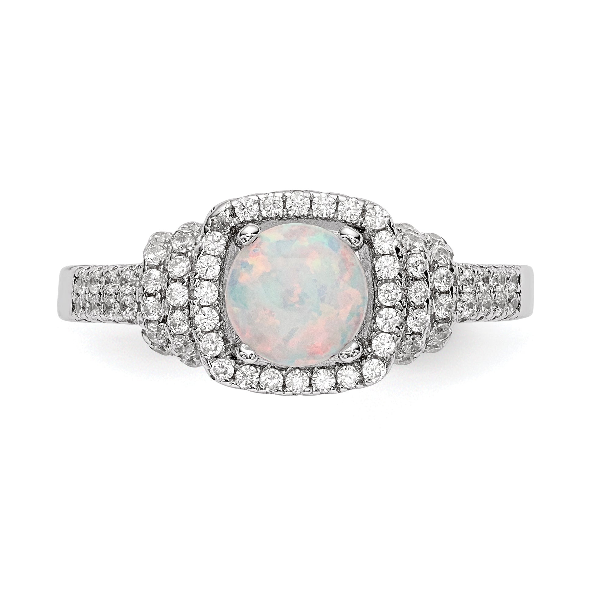 Sterling Silver Rhodium Plated Cz And Lab Created White Opal Ring