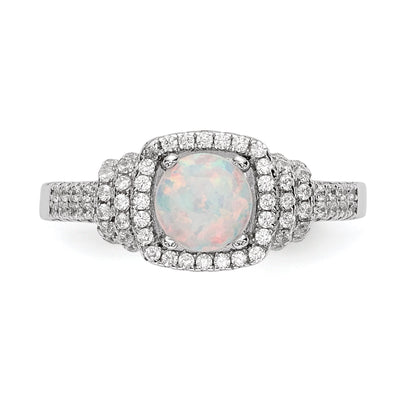 Sterling Silver Rhodium Plated Cz And Lab Created White Opal Ring