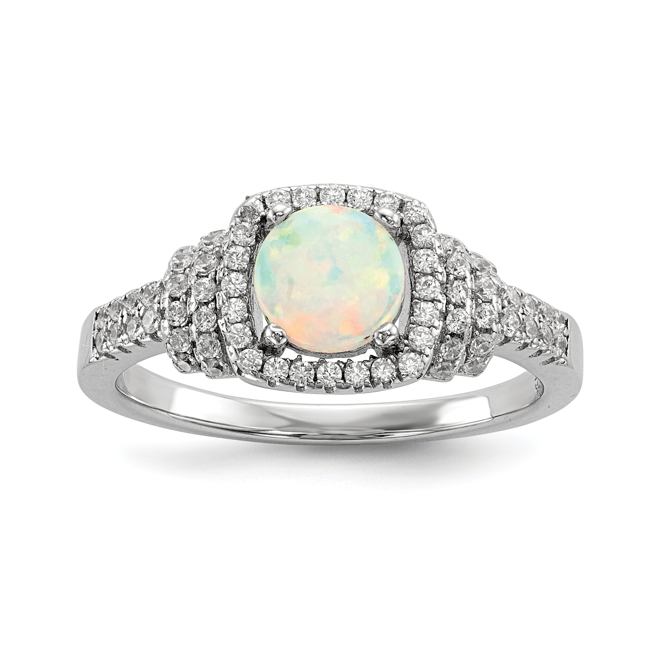 Sterling Silver Rhodium Plated Cz And Lab Created White Opal Ring