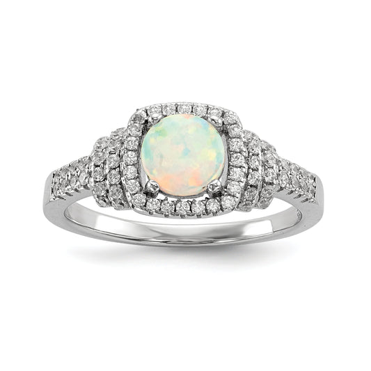 Sterling Silver Rhodium Plated Cz And Lab Created White Opal Ring