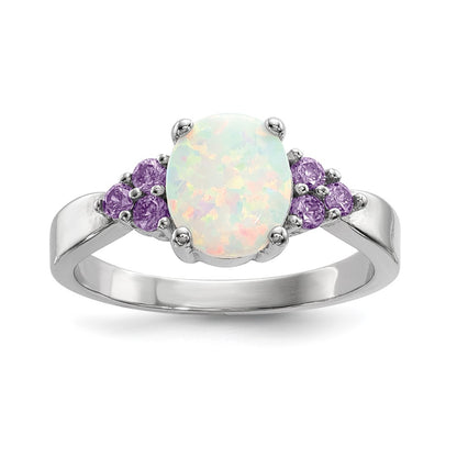 Sterling Silver Rhodium Plated Oval Created Opal Purple Cz Ring