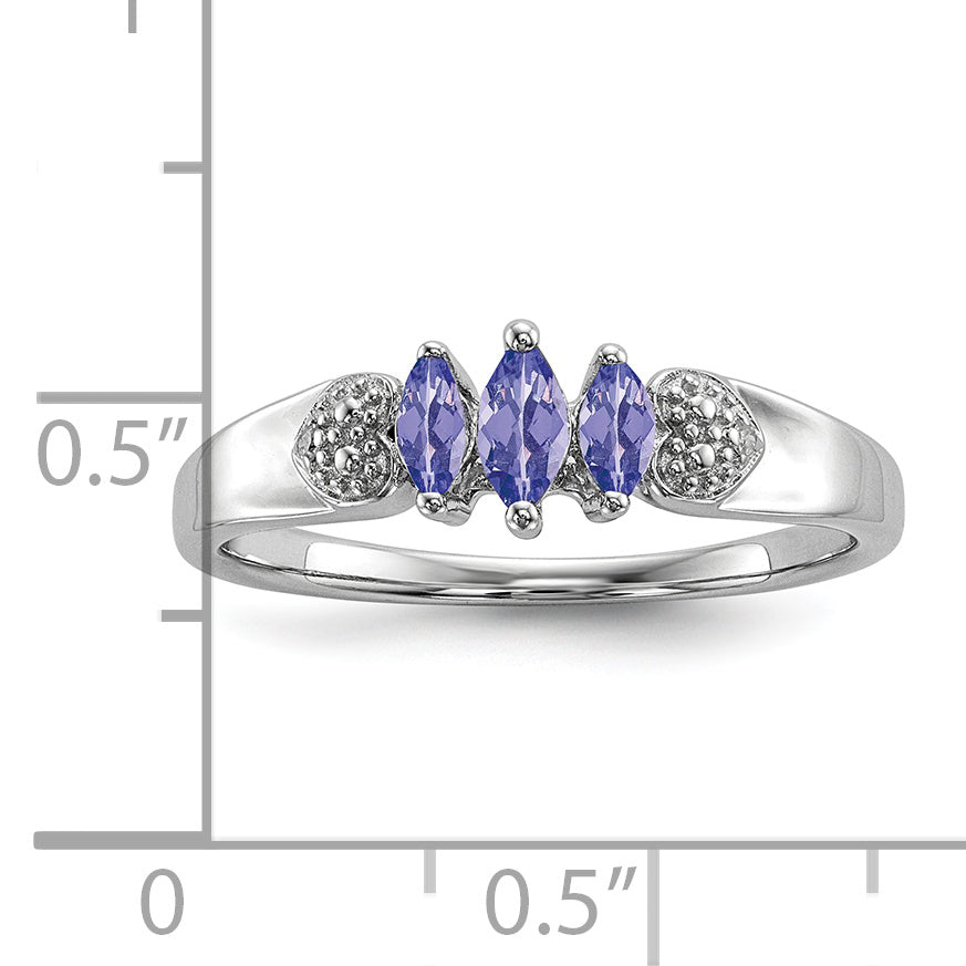 Sterling Silver Rhodium 3 Stone Tanzanite And Diamond Ring (Size 8 Only)