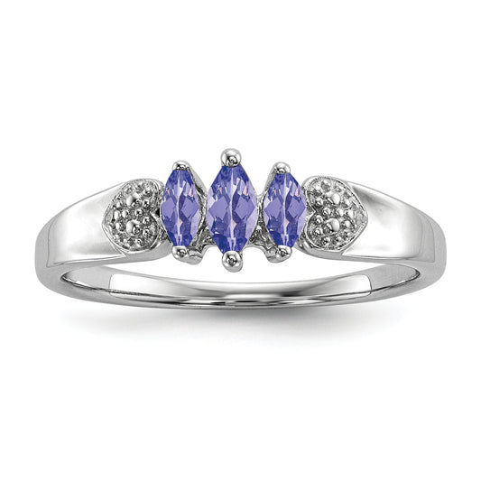 Sterling Silver Rhodium 3 Stone Tanzanite And Diamond Ring (Size 8 Only)