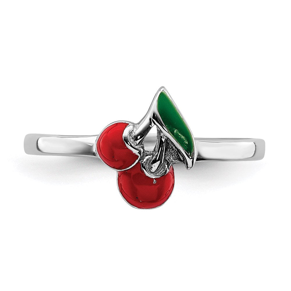 Sterling Silver Rhodium Plated Childs Enameled Cherry Ring (Size 4 Only)