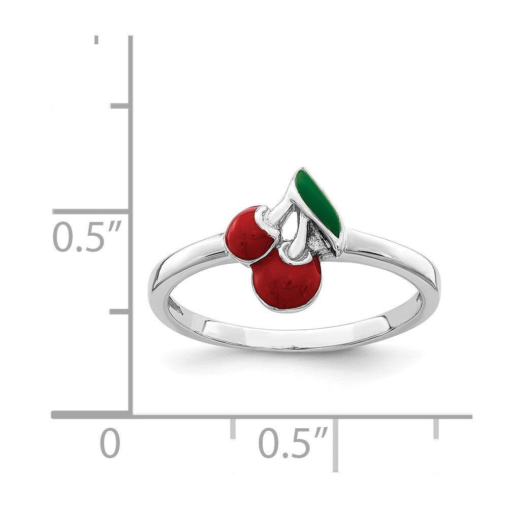 Sterling Silver Rhodium Plated Childs Enameled Cherry Ring (Size 4 Only)