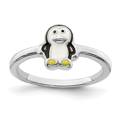 Sterling Silver Rhodium Plated Childs Enameled Penguin Ring (Size 3 Only)