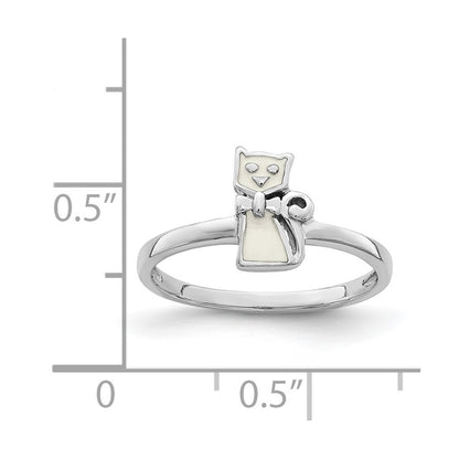 Sterling Silver Rhodium Plated Childs Enameled White Cat Ring (Size 4 Only)