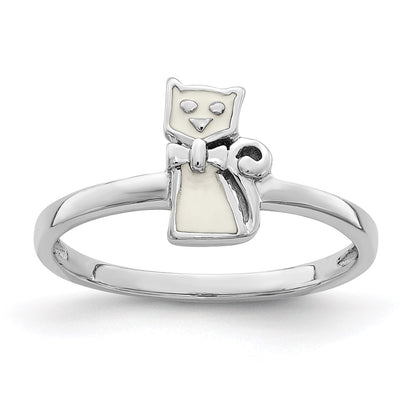 Sterling Silver Rhodium Plated Childs Enameled White Cat Ring (Size 4 Only)