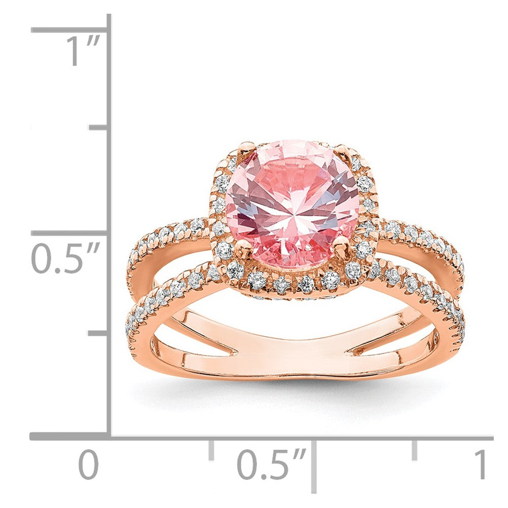 Sterling Silver Rose Tone Pink Center Nano Crystal & Cz Square Ring