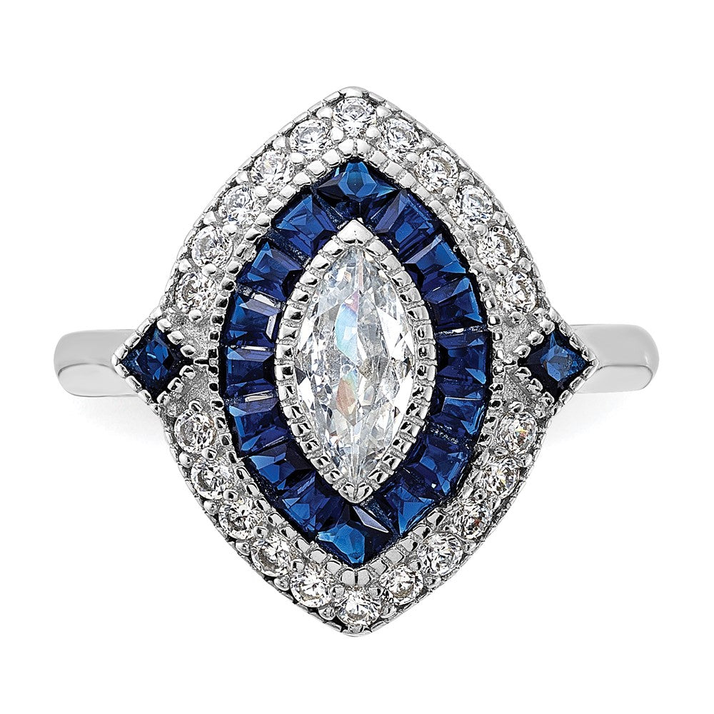 Sterling Silver Rhodium Plated Cz And Synthetic Blue Spinel Ring