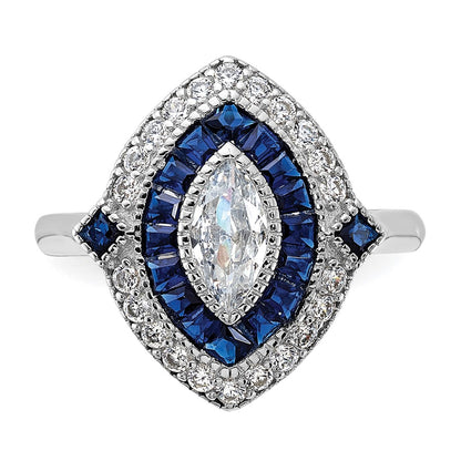 Sterling Silver Rhodium Plated Cz And Synthetic Blue Spinel Ring