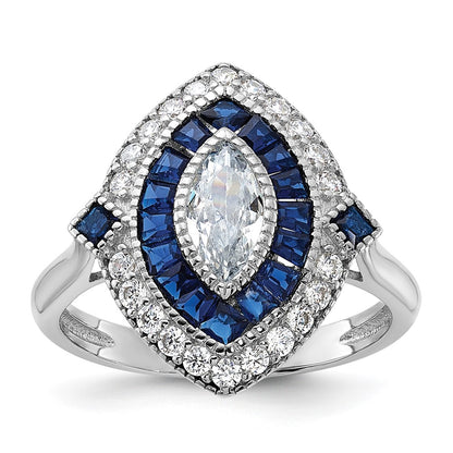 Sterling Silver Rhodium Plated Cz And Synthetic Blue Spinel Ring