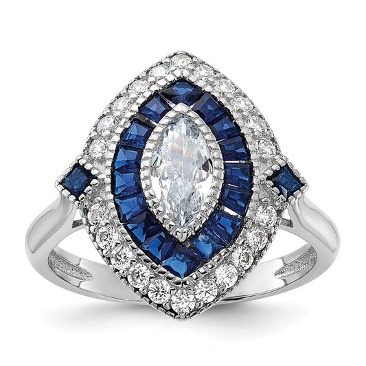 Sterling Silver Rhodium Plated Cz And Synthetic Blue Spinel Ring