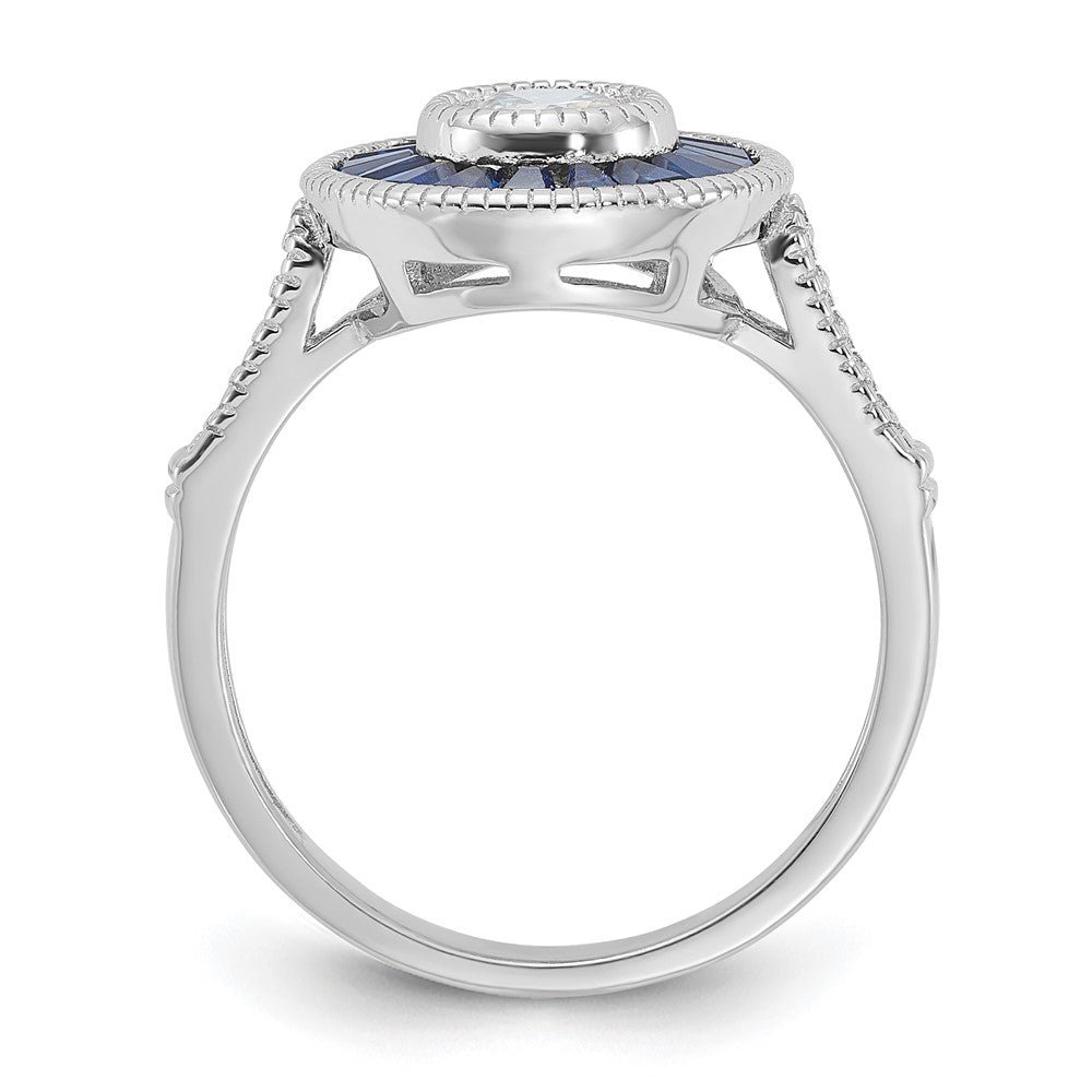 Sterling Silver Rhodium Plated Synthetic Blue Spinel And Cz Ring