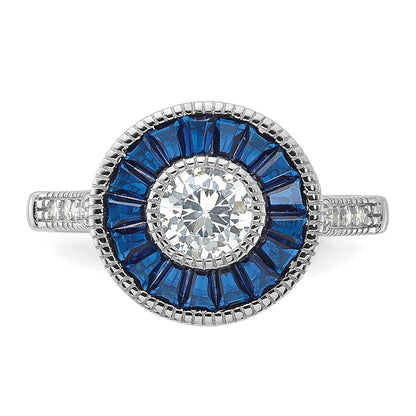 Sterling Silver Rhodium Plated Synthetic Blue Spinel And Cz Ring