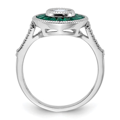 Sterling Silver Rhodium Plated Synthetic Green Spinel And Cz Ring