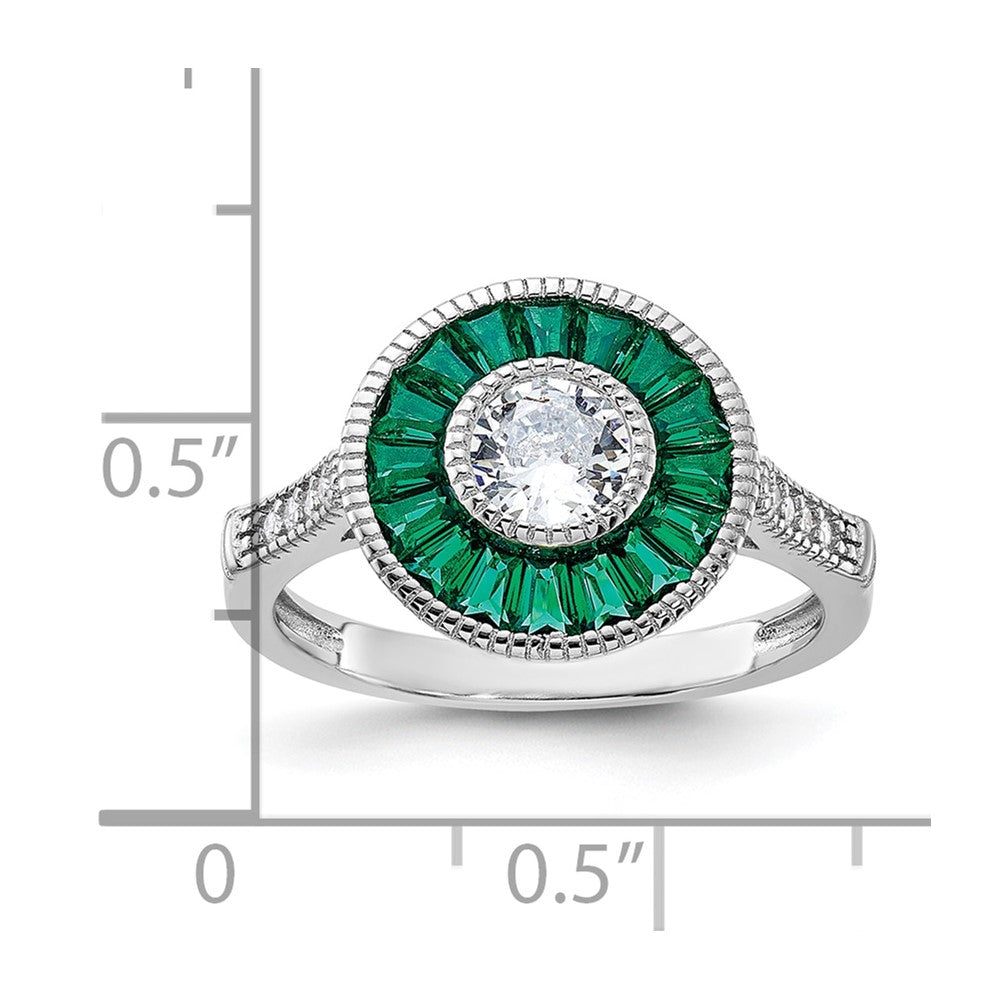 Sterling Silver Rhodium Plated Synthetic Green Spinel And Cz Ring