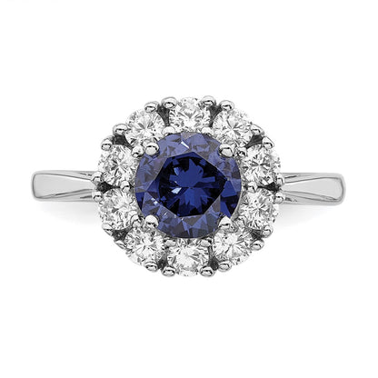 Sterling Silver Rhodium Plated Blue And White Cz Halo Ring