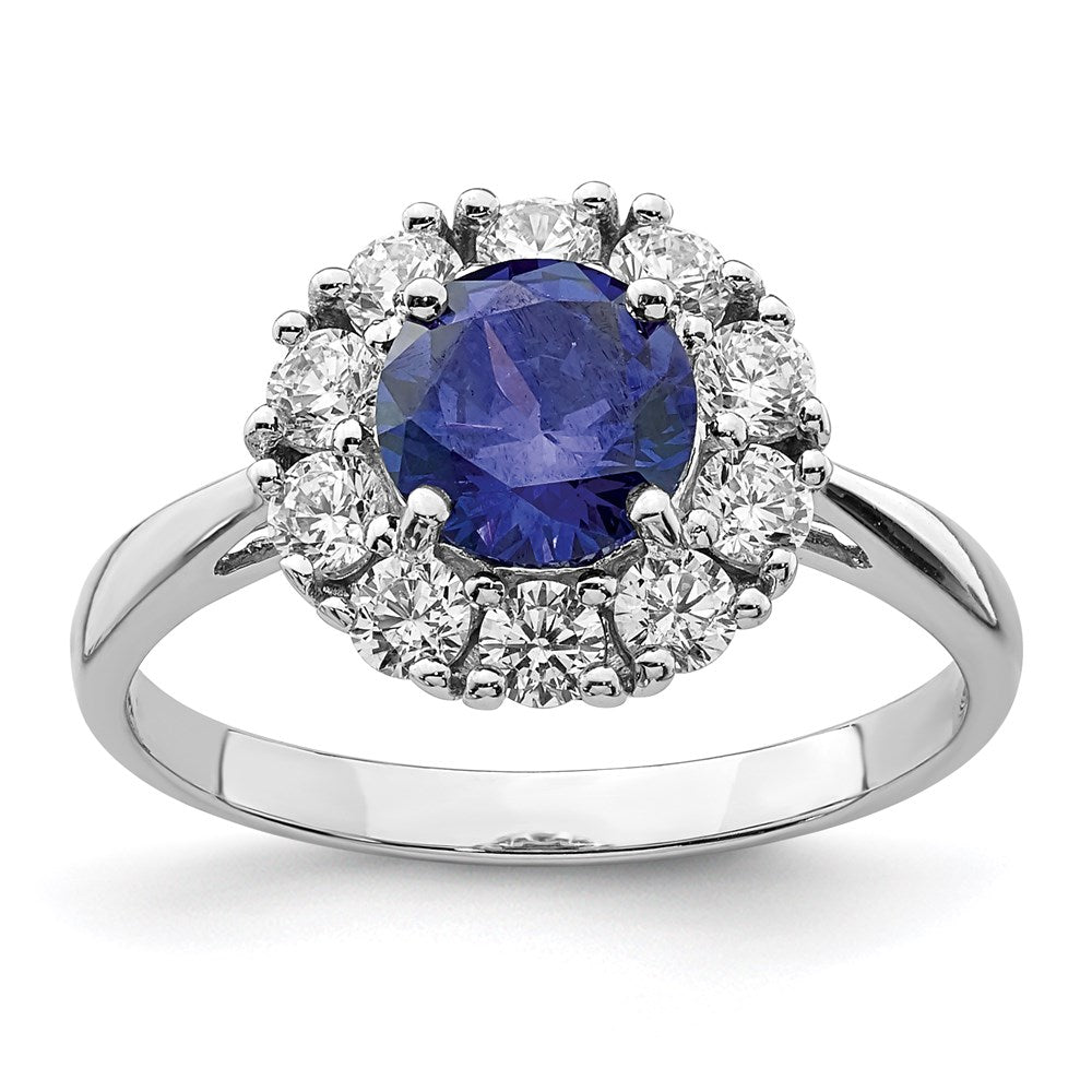 Sterling Silver Rhodium Plated Blue And White Cz Halo Ring