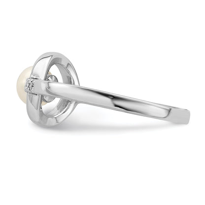Sterling Silver Rhodium Plated Cz 5 6mm Button Fwc Pearl In Circle Ring
