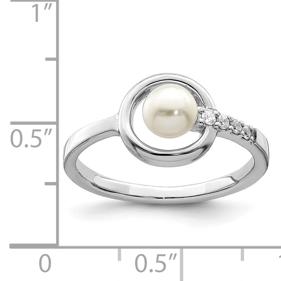 Sterling Silver Rhodium Plated Cz 5 6mm Button Fwc Pearl In Circle Ring