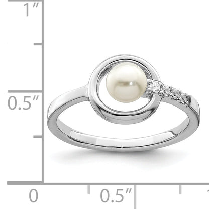 Sterling Silver Rhodium Plated Cz 5 6mm Button Fwc Pearl In Circle Ring