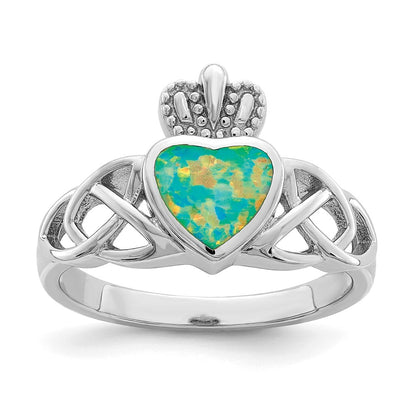 Sterling Silver Rhod Plated Lab Created Opal Celtic Knot Crown Ring