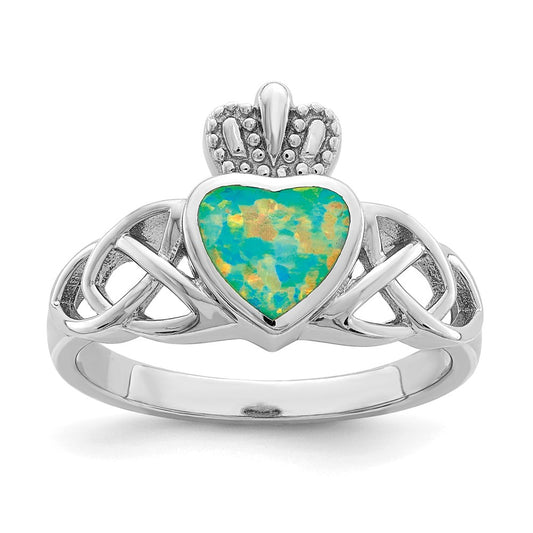 Sterling Silver Rhod Plated Lab Created Opal Celtic Knot Crown Ring