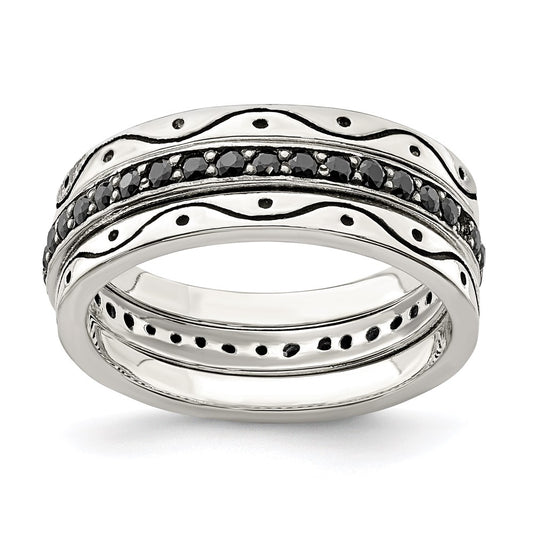 Sterling Silver Three Piece Set Antiqued & Black Cz Bands