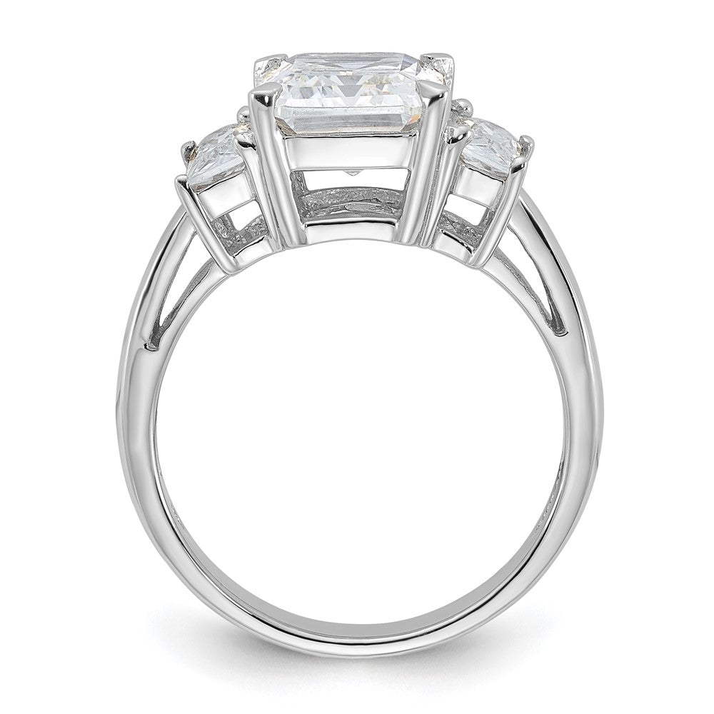 Sterling Silver Rhodium Plated Emerald Cut Cz 3 Stone Ring